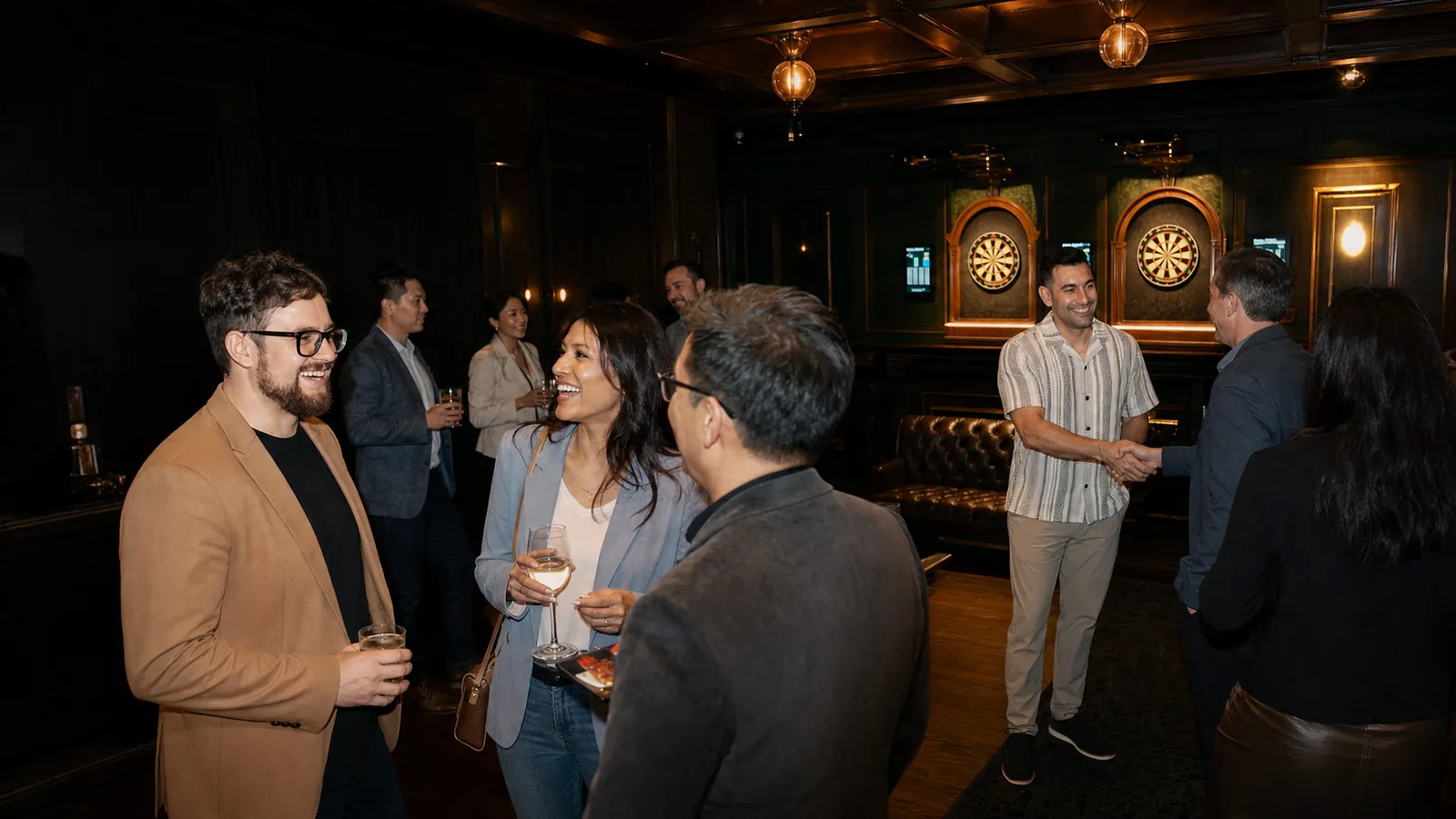 Guests talking over drinks in the Flight Club darts lounge
