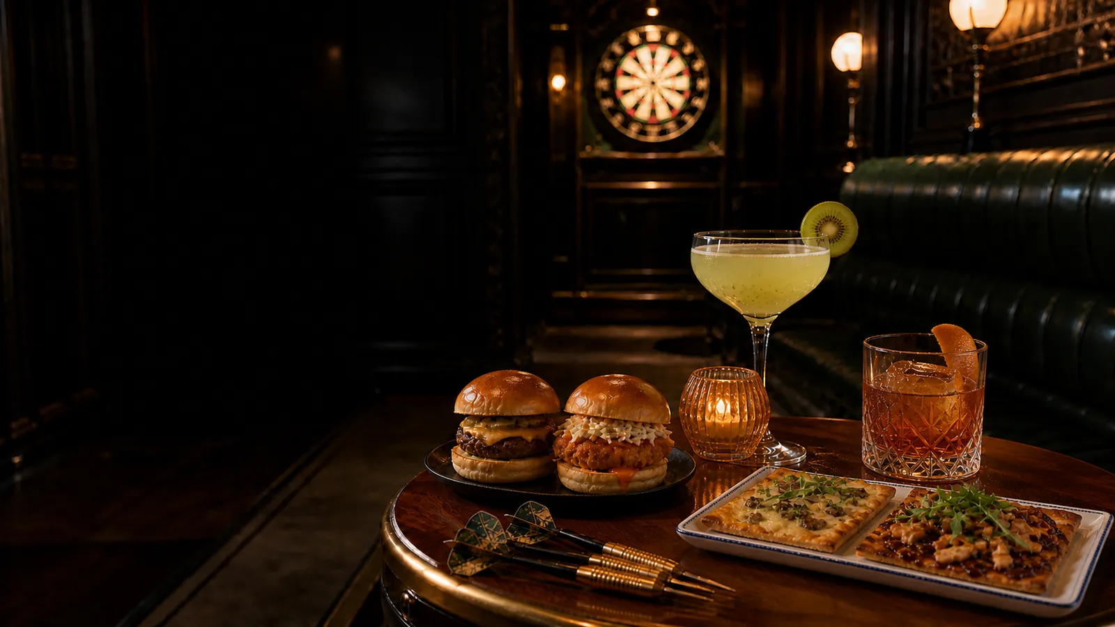 Sliders, flatbreads and cocktails on a table beside a set of darts
